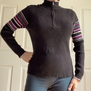 Sporty brown zip-up mock turtleneck sweater.  Purple and pink accent stripes.